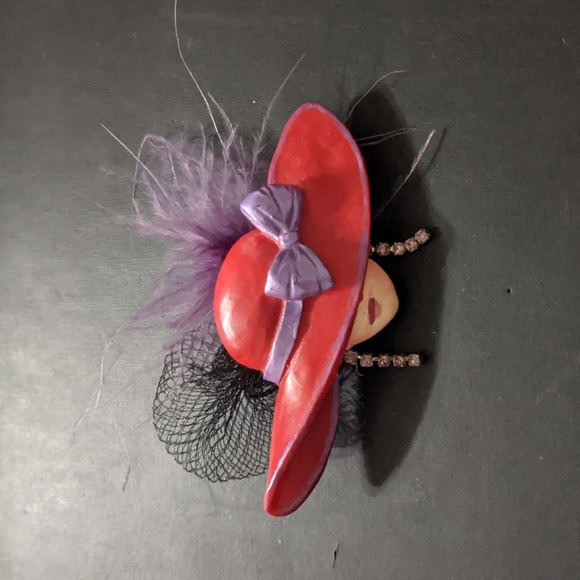 Jewelry - Red Hat With Purple Bow Purple Feather Rhinestone Details Pin Brooch